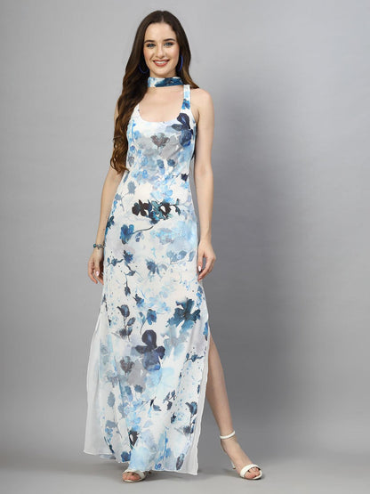 Women's 100% Polyester Back Open Sleeveless Printed Maxi Dress - Blue - SMERA MART