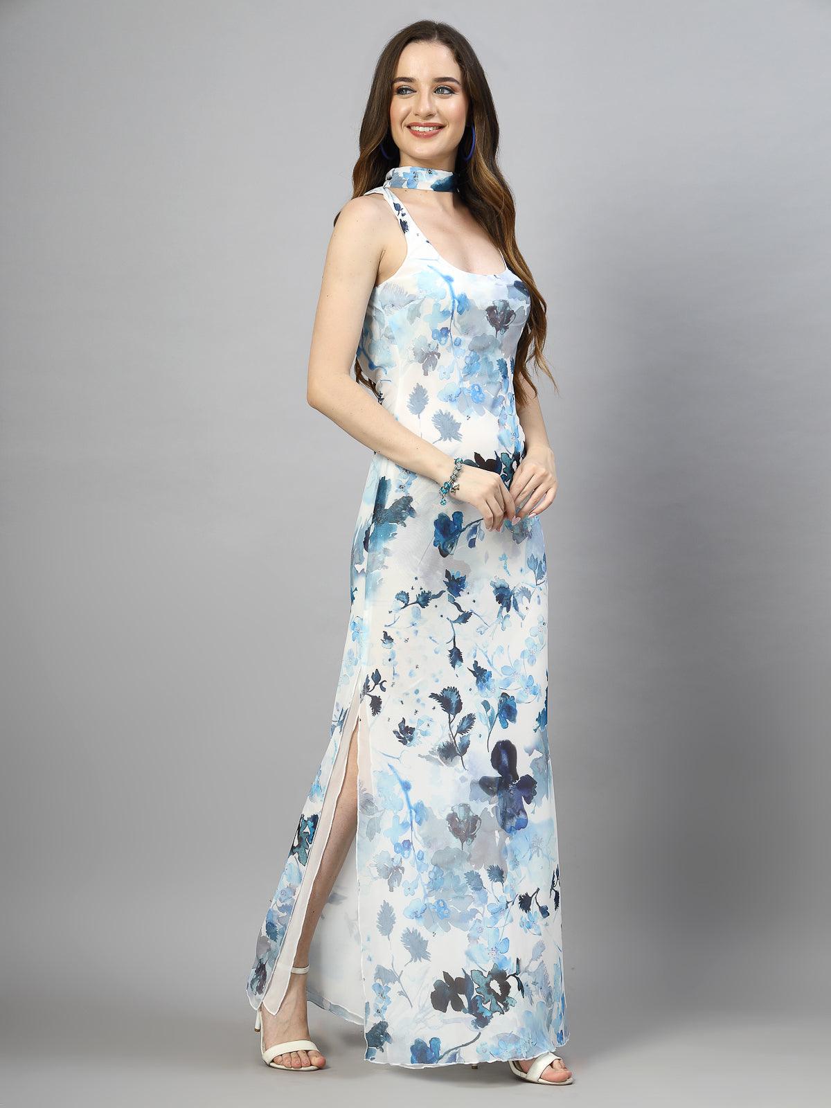 Women's 100% Polyester Back Open Sleeveless Printed Maxi Dress - Blue - SMERA MART