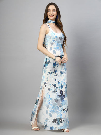 Women's 100% Polyester Back Open Sleeveless Printed Maxi Dress - Blue - SMERA MART