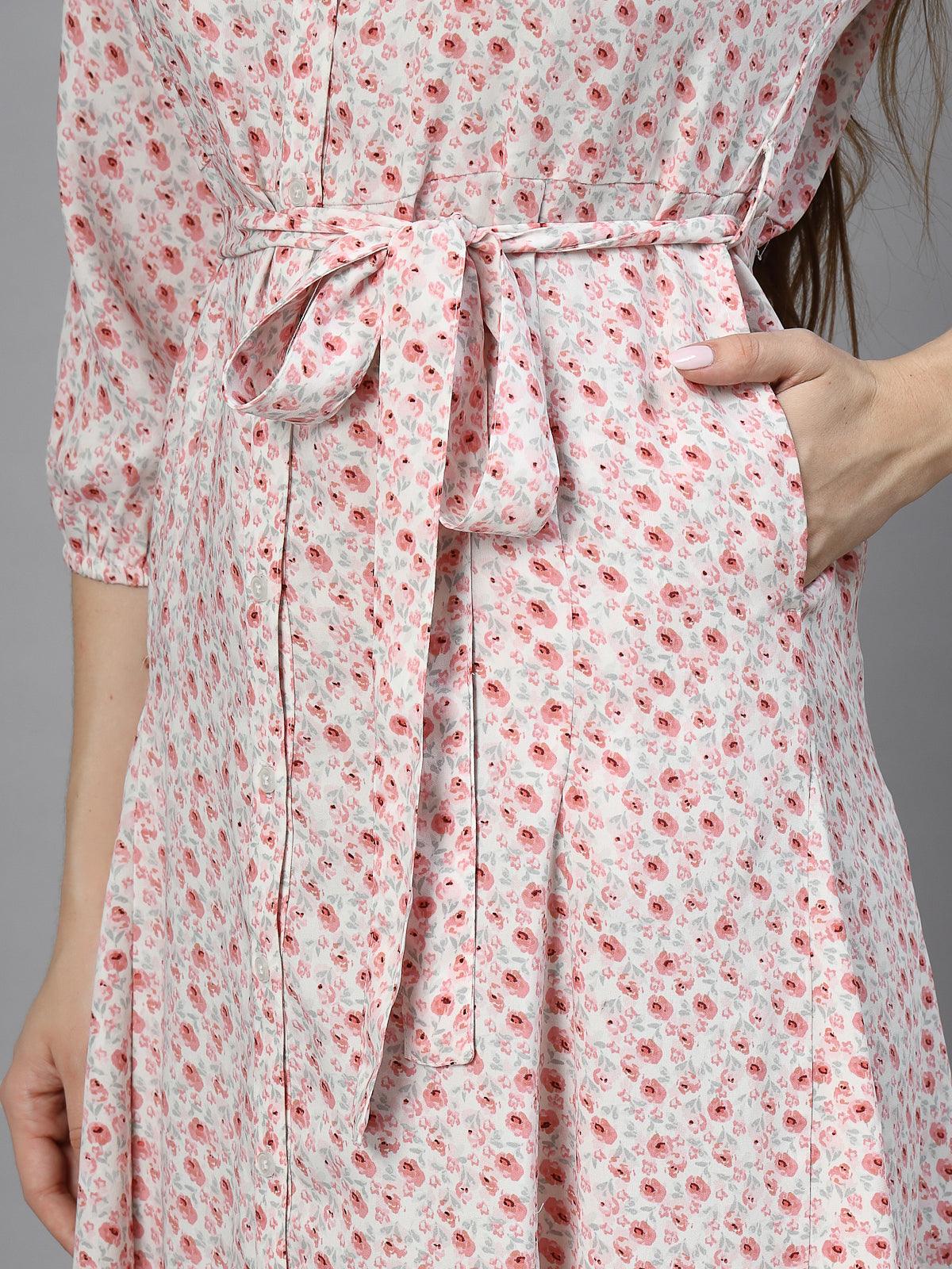 Women's 100% Polyester Collar Neck Half Sleeve Printed Midi Shirt Dress - Pink - SMERA MART