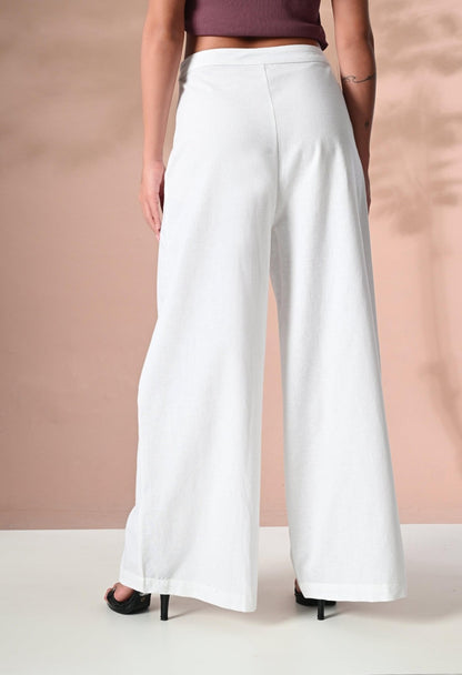 Women's Cotton Wide Leg Trouser Pants - White - SMERA MART