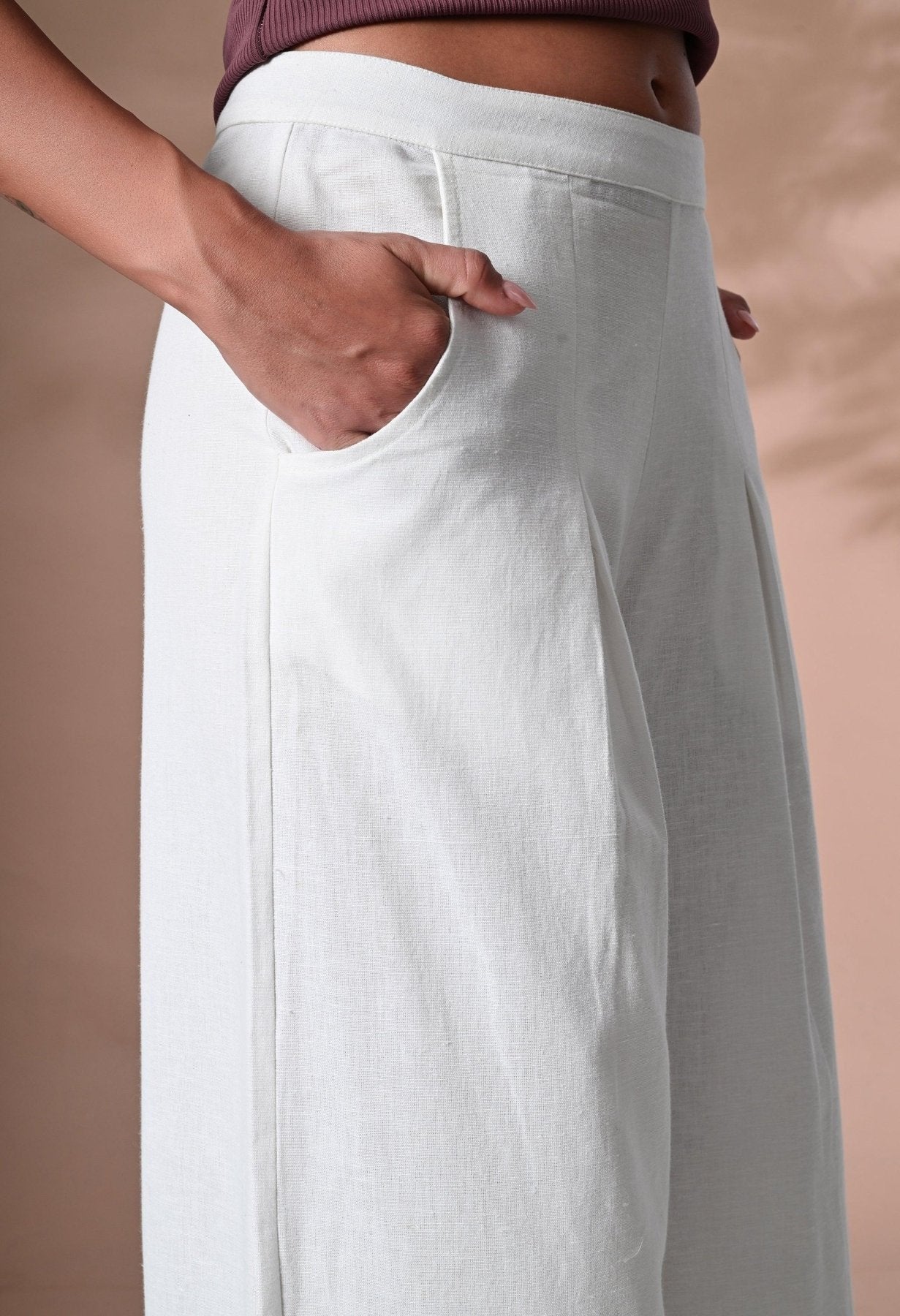 Women's Cotton Wide Leg Trouser Pants - White - SMERA MART