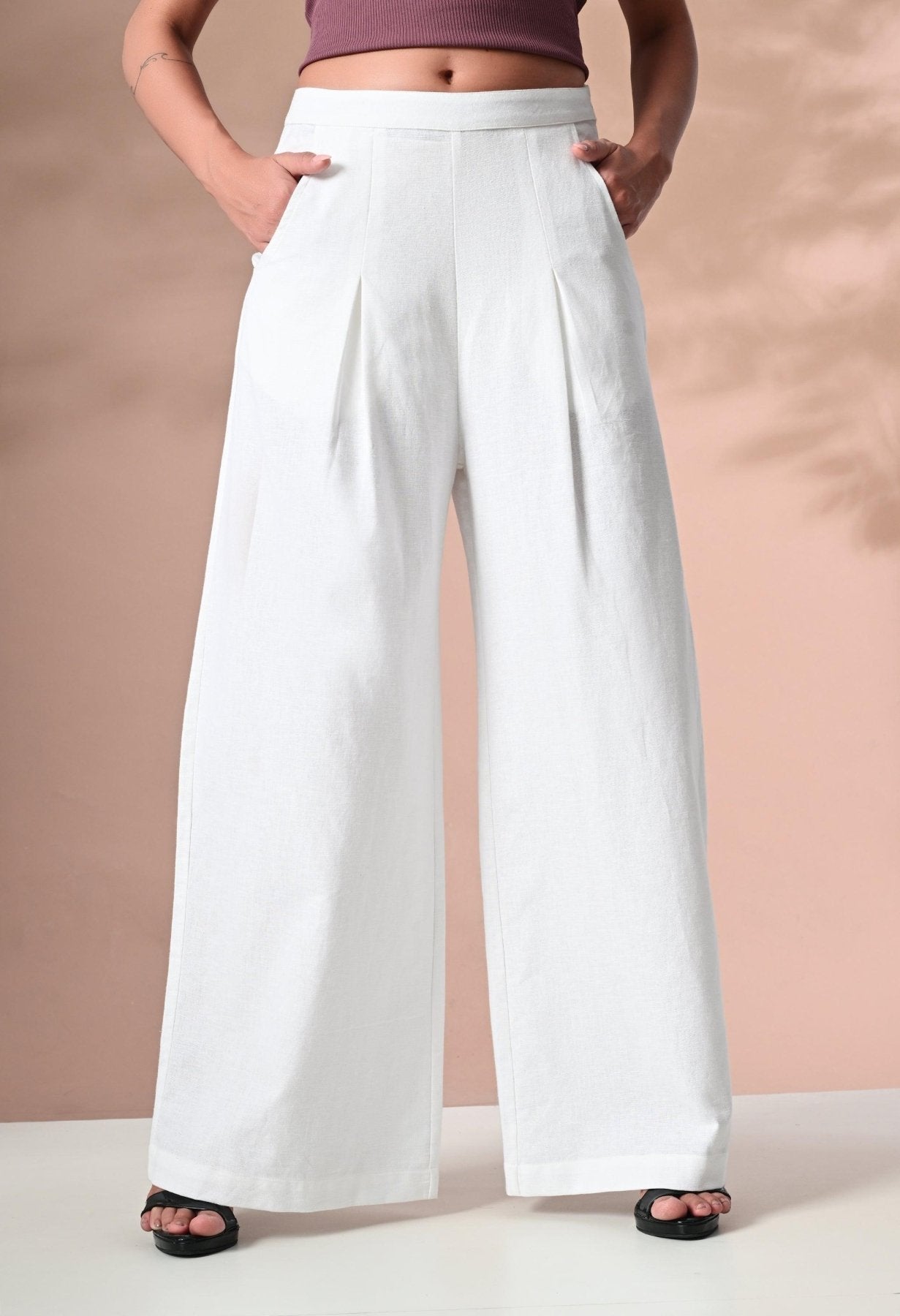 Women's Cotton Wide Leg Trouser Pants - White - SMERA MART