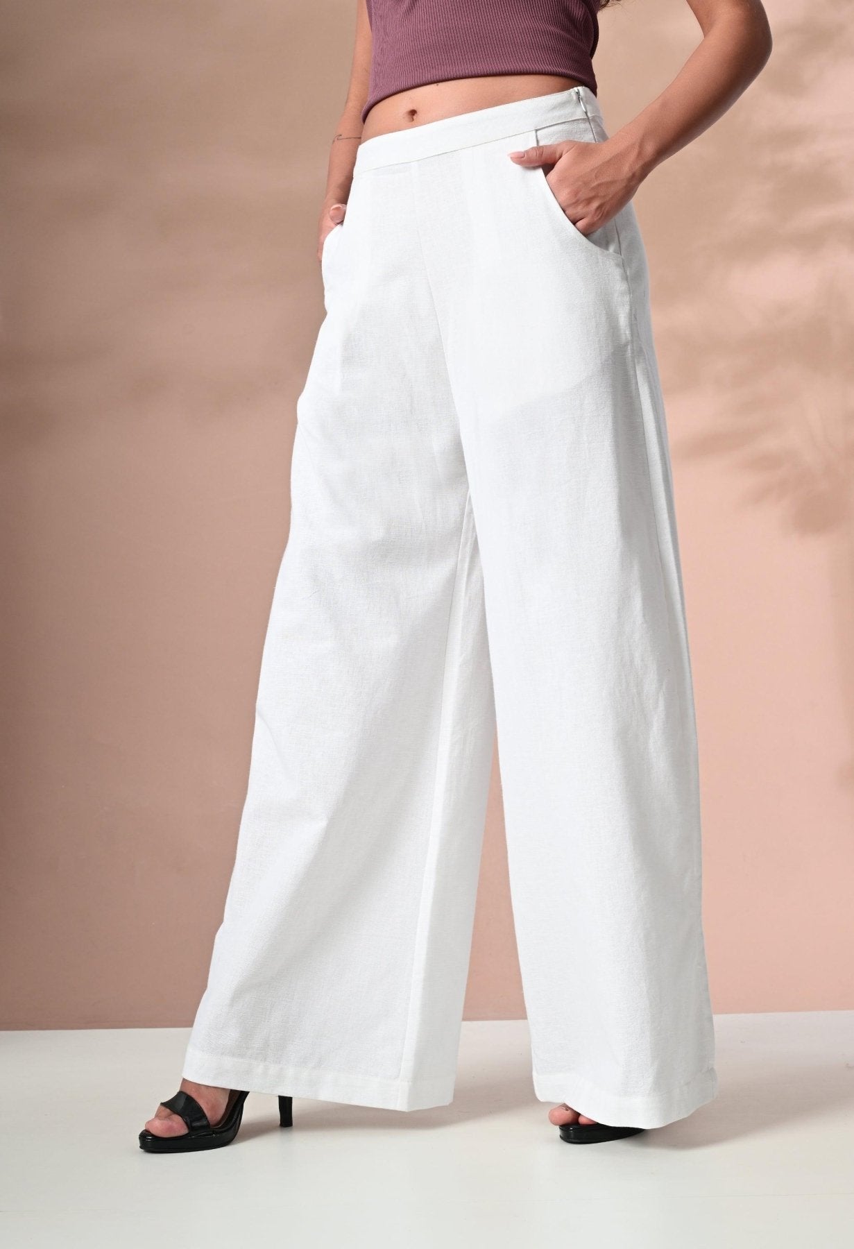 Women's Cotton Wide Leg Trouser Pants - White - SMERA MART