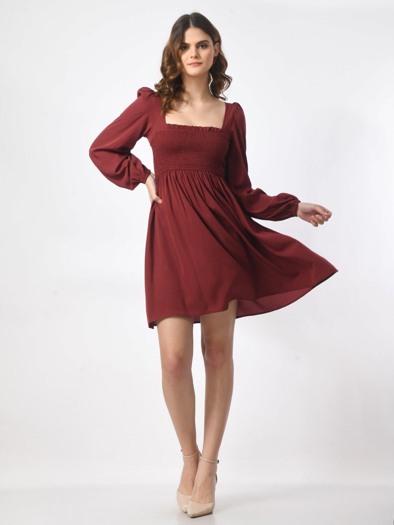 Womens Smocked Square Neck Knee Length Dress - SMERA MART