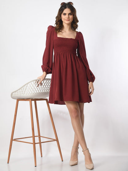 Womens Smocked Square Neck Knee Length Dress - SMERA MART