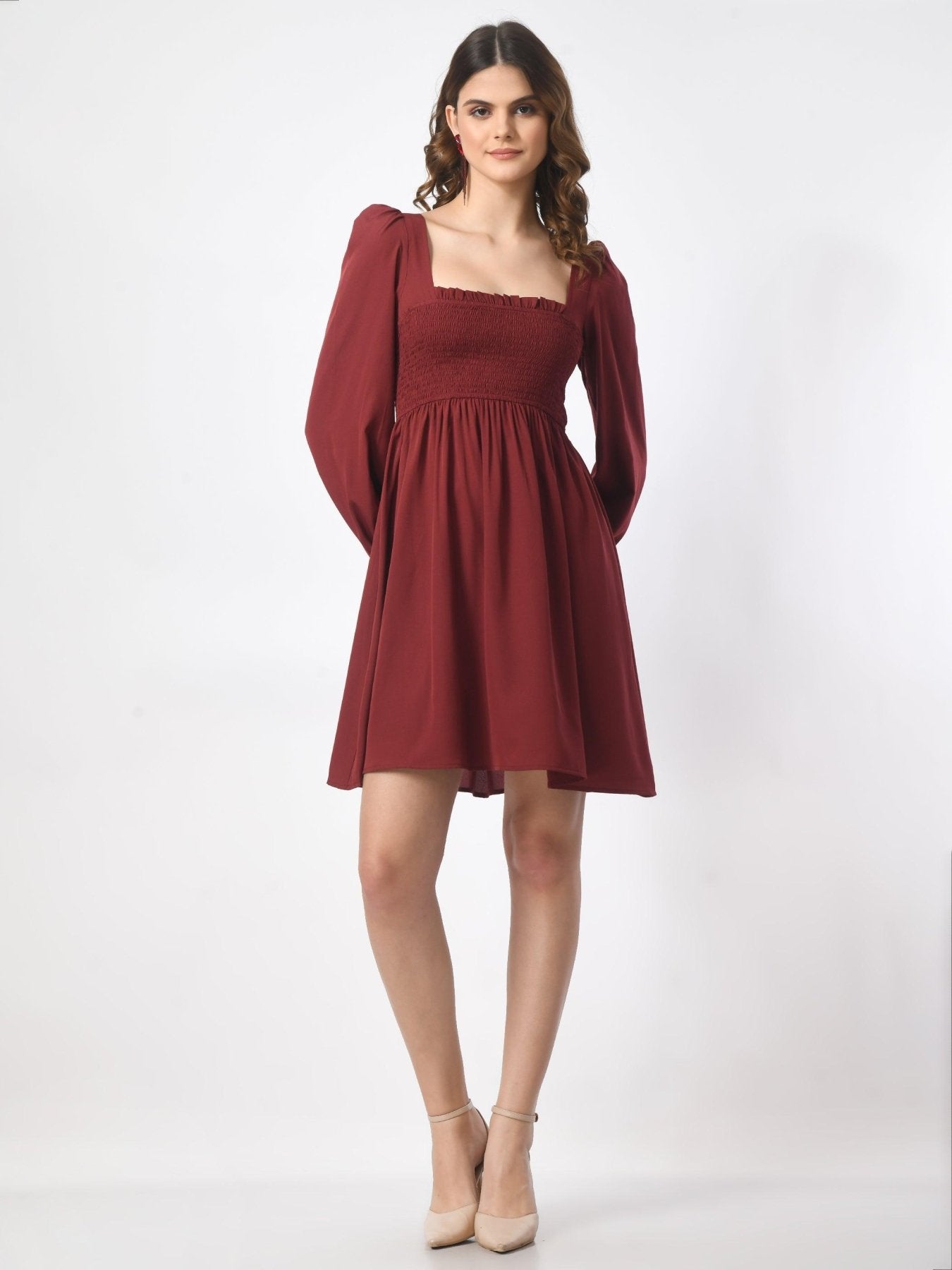 Womens Smocked Square Neck Knee Length Dress - SMERA MART