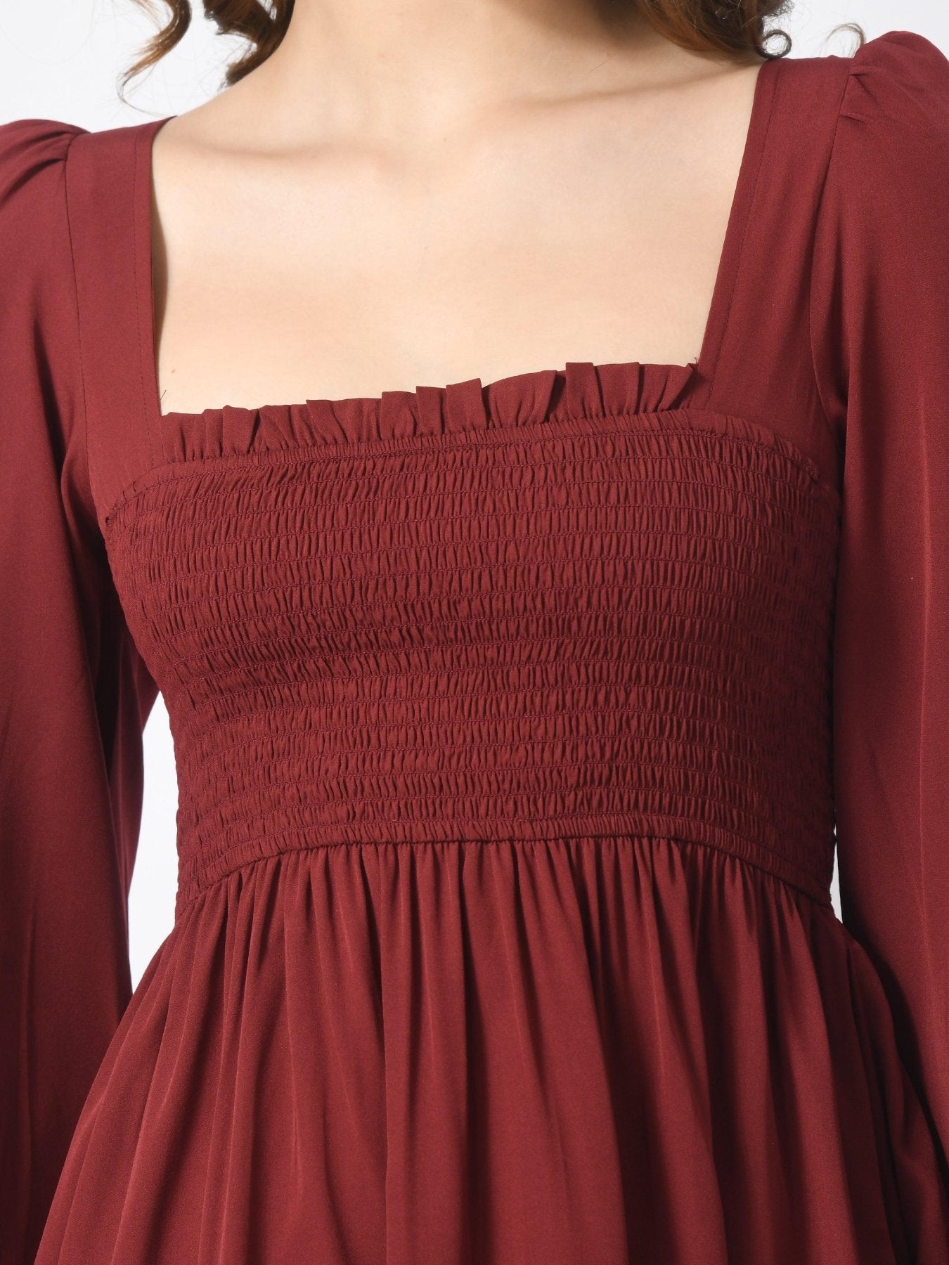 Womens Smocked Square Neck Knee Length Dress - SMERA MART
