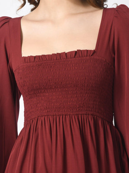 Womens Smocked Square Neck Knee Length Dress - SMERA MART